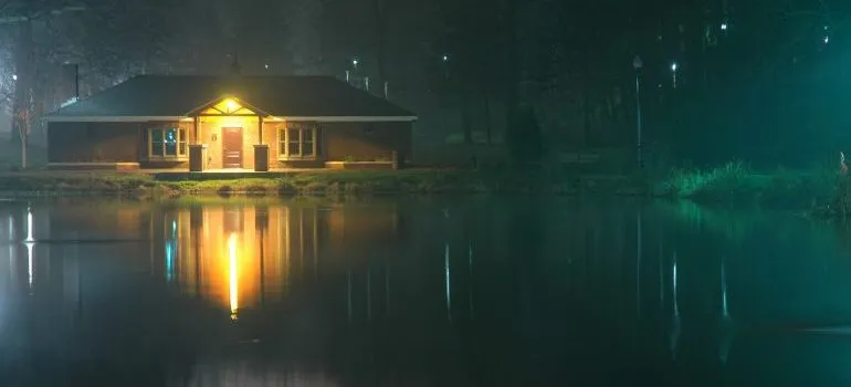 Boat house foggy night