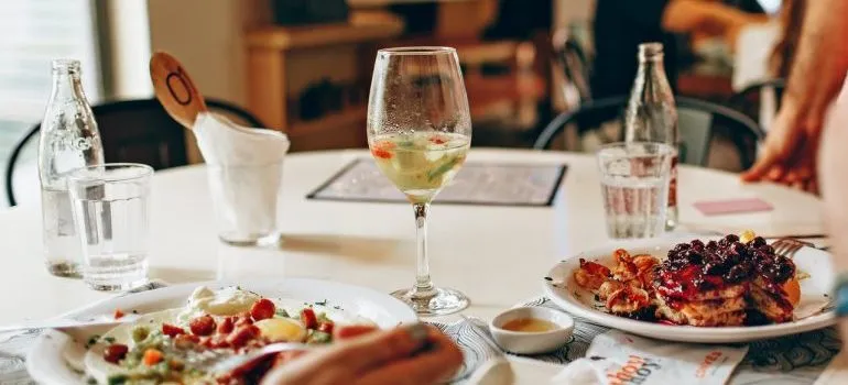 a table with food and drinks