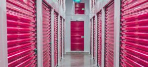 Storage unit with pink doors