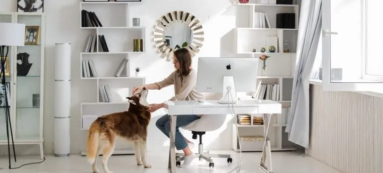 A woman with a dog, in her home-office