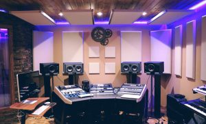 a picture of a music studio with all of the equipment inside