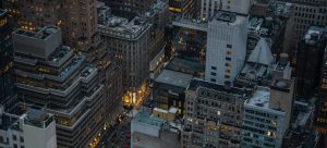 a birds eye view of Manhattan buildings